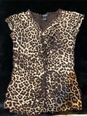 Style & Co. Leopard-Print Ruffle-Front Short Sleeve Top - Brown/Tan